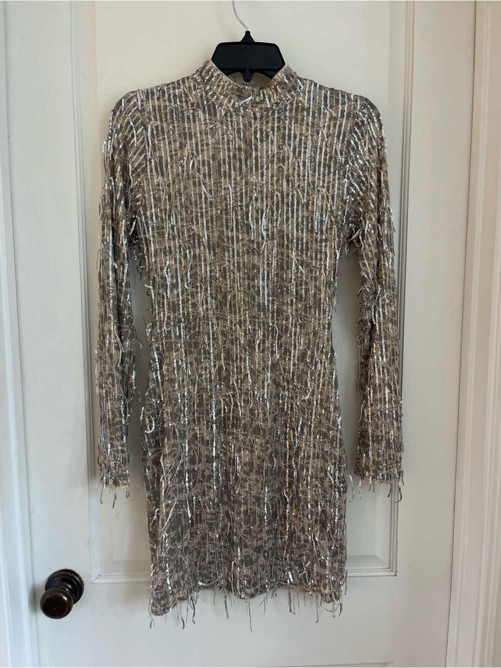 Fashion Nova Silver and Tan Fringe Long-Sleeve Mini Dress size L
